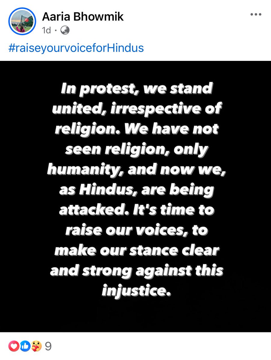 Shivamdarshann's tweet photo. इनका कोई सगा नहीं
Aaria Bhowmik, a student in a Bangladesh University, posted the viral online trend on her FB saying - I am Hindu, and my friends are there to protect me
She also celebrated Hasina’s ouster
Soon, reality unravelled and she is appealing everyone to spare Hindus https://t.co/A1ggqcDZ2X
