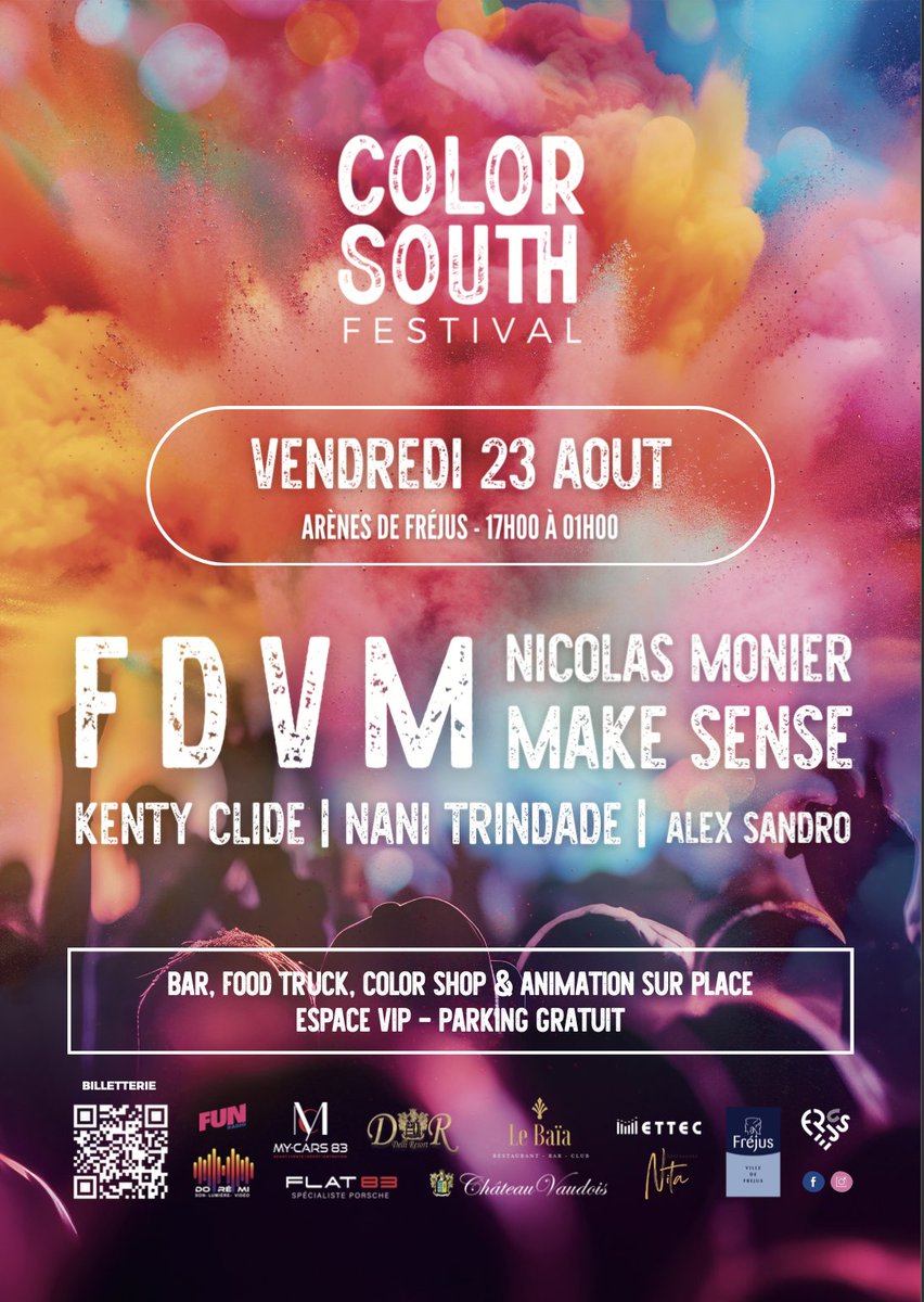 VilleDeFrejus's tweet image. 🟣 L’évènement le plus coloré de la région vous donne rendez-vous le 23 août aux Arènes de Fréjus !

🎶 7 artistes vous feront vibrer durant toute la soirée : FDVM, Make Sense, Nicolas Monier, Kenty Clide, Nani Trindade, Alex Sandro, et Remy Massa.

💄 Sur place, ne manquez pas…