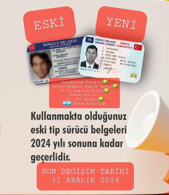 SON DEĞİŞİM TARİHİ ❗31.12.2024 
 Yıl sonu yoğunluğundan olumsuz olarak etkilenmemek için eski tip sürücü belgelerinizi bir an önce yenilemeniz için Nüfus Müdürlüğümüze bekleriz... <a href="/HatayValiligi/">T.C. Hatay Valiliği</a> <a href="/HatayNufus/">Hatay İl Nüfus Ve Vatandaşlık Müdürlüğü</a> 
Randevu  ✅
Biyometrik Fotoğraf✅
Sürücü Belg.  ✅
Sağlık Raporu  ✅