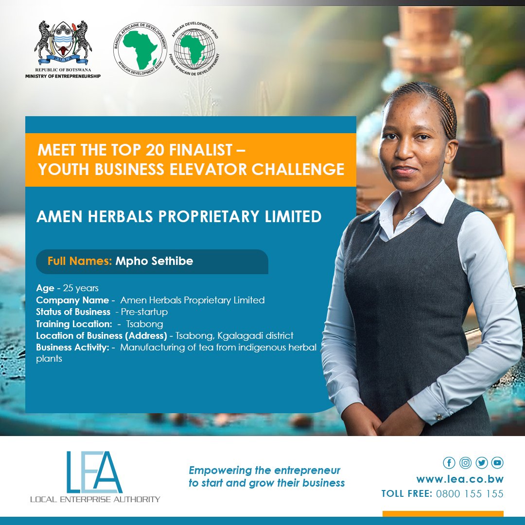 Local Enterprise Authority (@botsa_lea) on Twitter photo ✨Announcing Top 20 Finalists of the Youth Business Elevator Challenge✨
We unveil the innovative minds who made it to the final round of Youth Business Elevator Challenge.
Powered by <a href="/AfDB_Group/">African Development Bank Group</a>
#SMEdevelopment
#enterpreneurship
#botsaLEA ✨Announcing Top 20 Finalists of the Youth Business Elevator Challenge✨
We unveil the innovative minds who made it to the final round of Youth Business Elevator Challenge.
Powered by <a href="/AfDB_Group/">African Development Bank Group</a>
#SMEdevelopment
#enterpreneurship
#botsaLEA