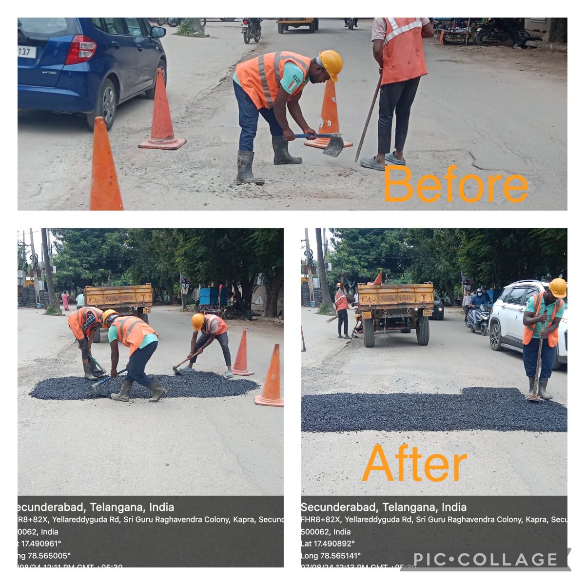 Sir/Madam, MET team attending BT potholes and patches at damaged locations on Yellareddyguda main road and Sainikpuri main road in ward-01 Kapra circle-01, GHMC. <a href="/GHMCOnline/">GHMC</a> <a href="/ZC_LBNagar/">Zonal Commissioner, LB Nagar Zone, GHMC</a>