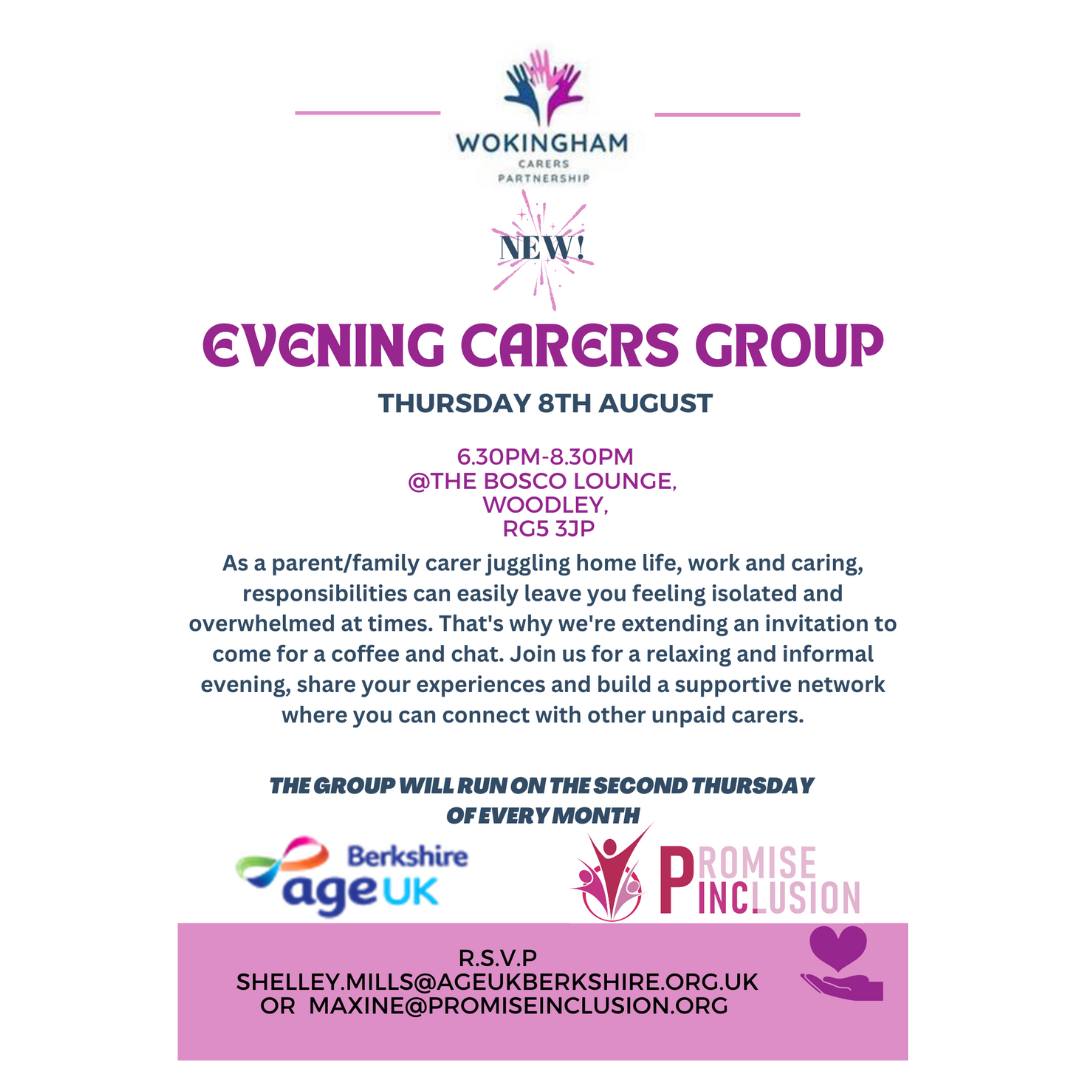 The Wokingham Carers Partnership is now running a monthly evening support group in #Woodley for parents and family #carers, including those who care for children and adults who are autistic or have learning disabilities. It is meeting tomorrow, Thursday, August 8, 6.30pm- 8.30pm