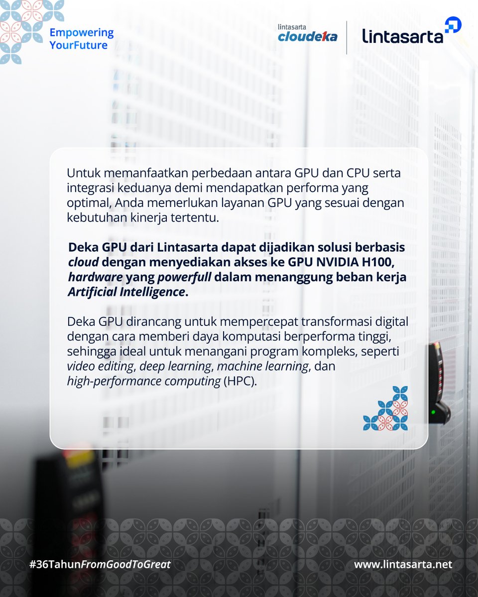 Lintasarta's tweet photo. Tingkatkan performa aplikasi Anda dengan solusi Deka GPU dan rasakan perbedaannya!

#Lintasarta #36TahunFromGoodToGreat #EmpoweringYourFuture #DekaGPU #GPUvsCPU https://t.co/ZGyVCXF1PV