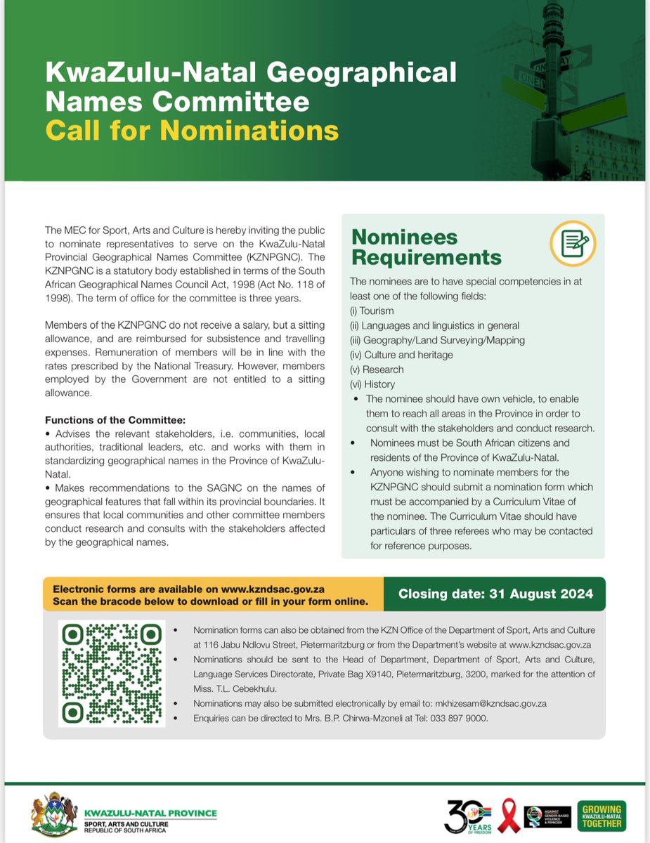 Isimemo sokuphakanyiswa kwabazoba
ngamalungu ekomidi elibhekele ukuqanjwa nokulungiswa kwamagama ezindawo lesifundazwe saKwaZulu-Natali. #activeandwinningKZN #geographicalnames