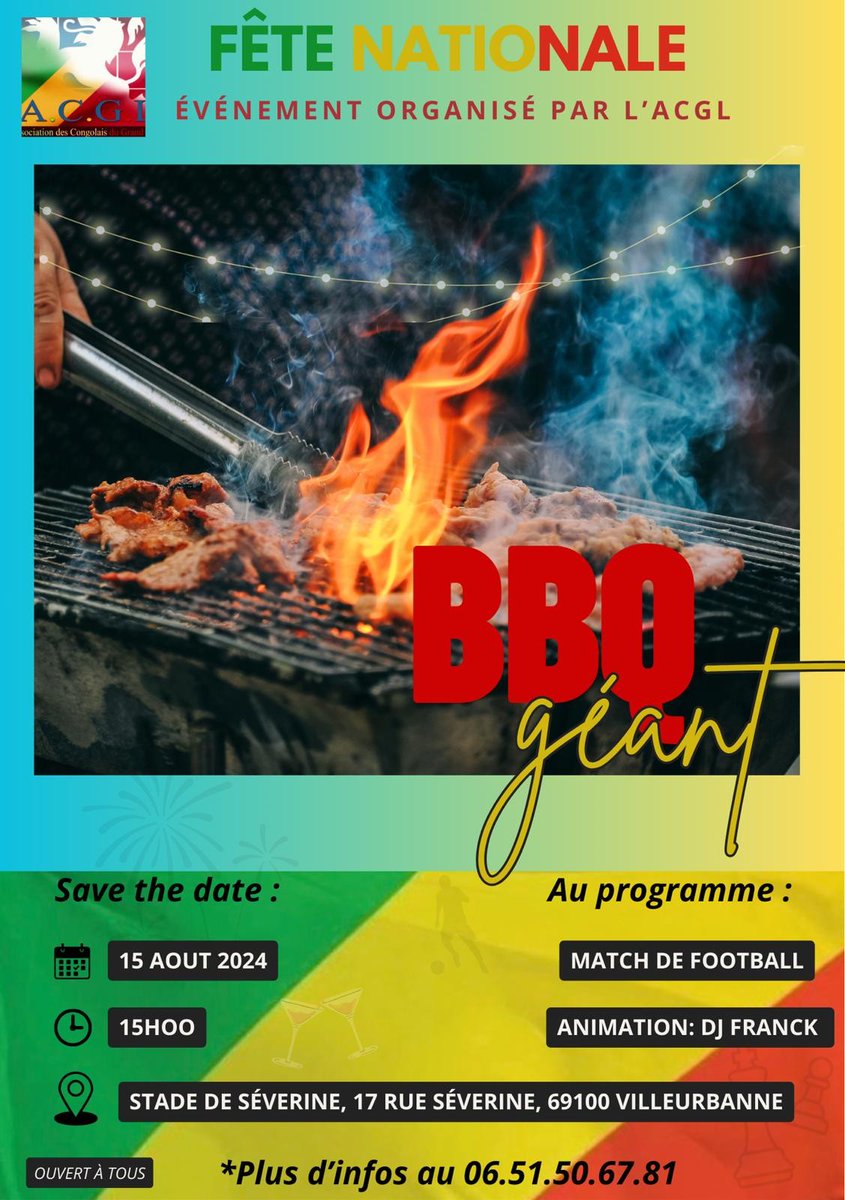 MaquisPluriel's tweet photo. 🟢 BBQ de l'Association des Congolais du Grand Lyon pour la Fête Nationale
🗓️ Jeudi 15 août
⏱️ 15h00
📍 Stade de Séverine
17 rue Séverine, 69100 Villeurbanne
🇨🇬 #congolyon https://t.co/WpkPBXFjdP