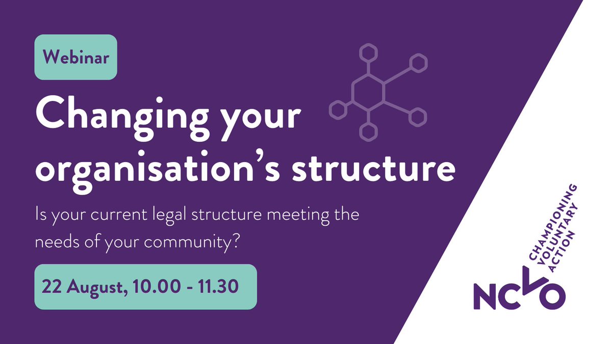 Is your current legal structure meeting the needs of your organisation?

Don’t miss our upcoming webinar to learn about the process of converting your social purpose organisation to an alternative legal structure and when to consider it.

Book your place: booking.ncvo.org.uk/event/sessions…