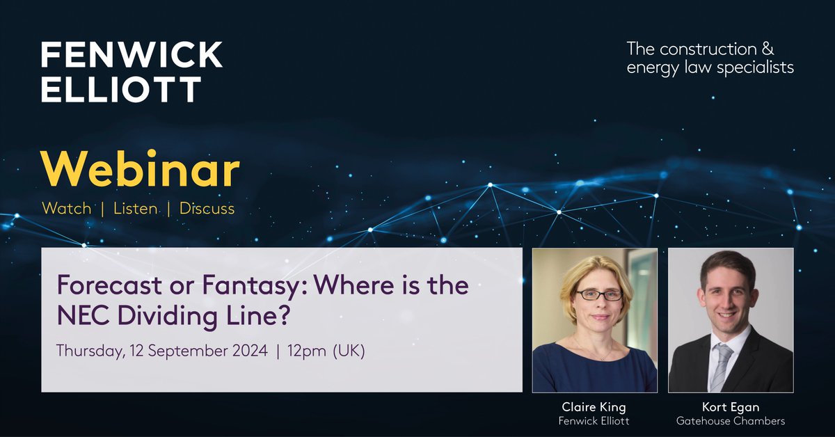 In our September webinar, partner Claire King will be joined by Kort Egan of <a href="/gatehouse_law/">Gatehouse Chambers</a> to discuss forecasting the impact of compensation events in accordance with the NEC standard form.

Thursday, 12 September 2024 | 12 noon (UK)

Register to attend: attendee.gotowebinar.com/register/63185…