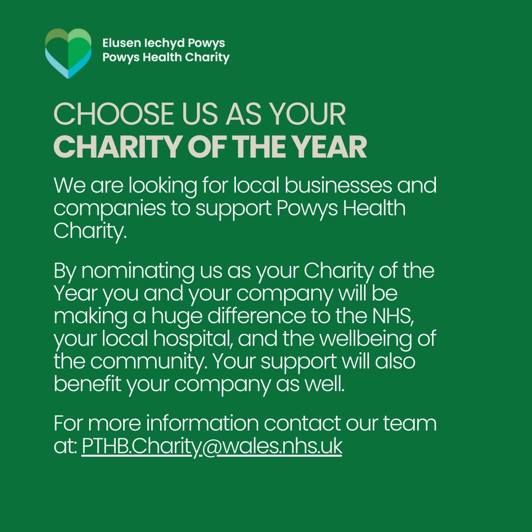 Are you a local business? 
Are you thinking of supporting a Charity?
Why not choose Powys Health Charity as your Charity of the year!
#TakingCareofPowys 💚
#Thankyouforyoursupport