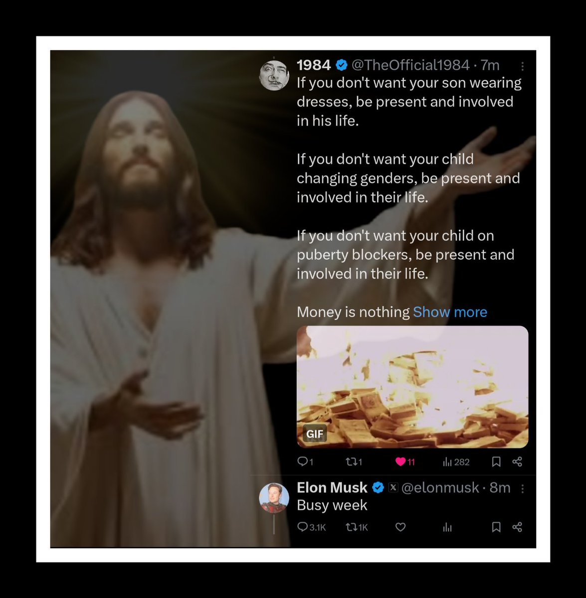 TheOfficial1984's tweet photo. God called and left a message for you @elonmusk ....
#DivineTimeline https://t.co/TjU017KUZP