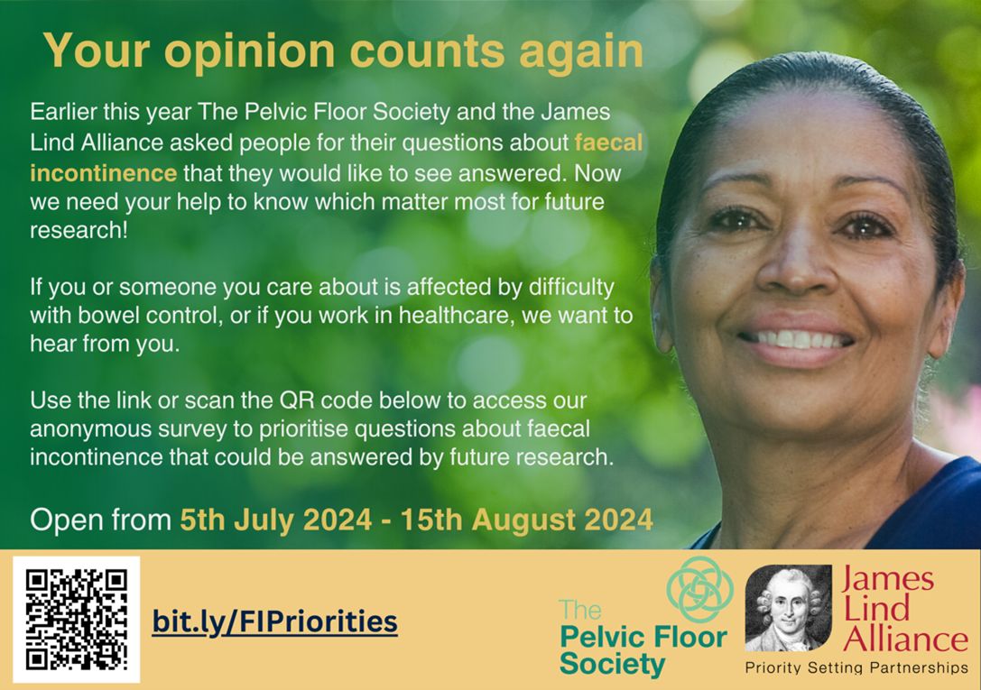Association for Continence Professionals (ACP) (@acp_continence) on Twitter photo Help faecal incontinence research focus on what matters to you as a healthcare professional by prioritising potential research questions. Complete the follow-up <a href="/FI_Priorities/">Faecal Incontinence Priority Setting Partnership</a> shortlisting survey: buff.ly/3J4R9Jc #FIResearchPriorities
<a href="/TPFSuk/">Pelvic Floor Society</a> <a href="/BowelResearch/">Bowel Research UK</a> <a href="/LindAlliance/">James Lind Alliance</a> Help faecal incontinence research focus on what matters to you as a healthcare professional by prioritising potential research questions. Complete the follow-up <a href="/FI_Priorities/">Faecal Incontinence Priority Setting Partnership</a> shortlisting survey: buff.ly/3J4R9Jc #FIResearchPriorities
<a href="/TPFSuk/">Pelvic Floor Society</a> <a href="/BowelResearch/">Bowel Research UK</a> <a href="/LindAlliance/">James Lind Alliance</a>