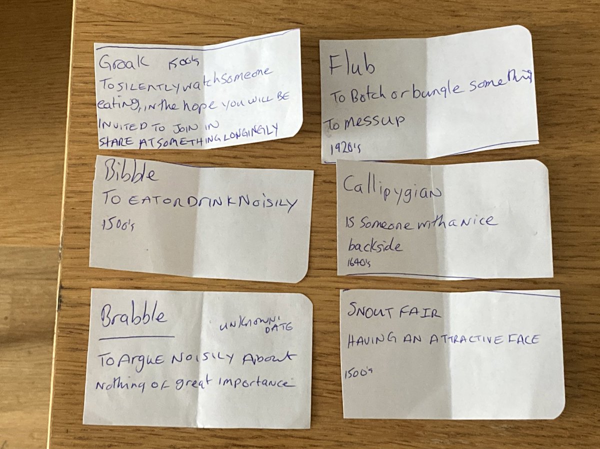 The #newoldyou was the topic we explored #writingforwellbeing very insightful.  Then looked at Old English words that should because New… Check these out 😆😆

GROAK BIBBLE FLUB SNOUTFAIR BRABBLE  and the best is CALLIPYGIAN …