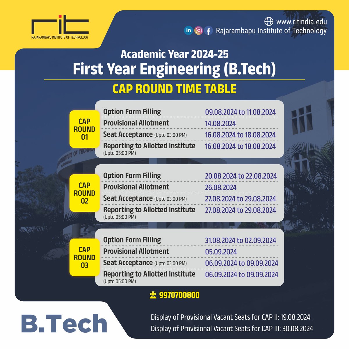 ritindia1983's tweet image. 🚀 AY 2024-25 First Year Engineering Admission Update! 🚀
📅 Check out the CAP Round Time Table for the upcoming academic year. Be prepared and stay informed to secure your spot in the engineering program of your dreams!
#EngineeringAdmissions #CAPRound #FutureEngineers #AY202425