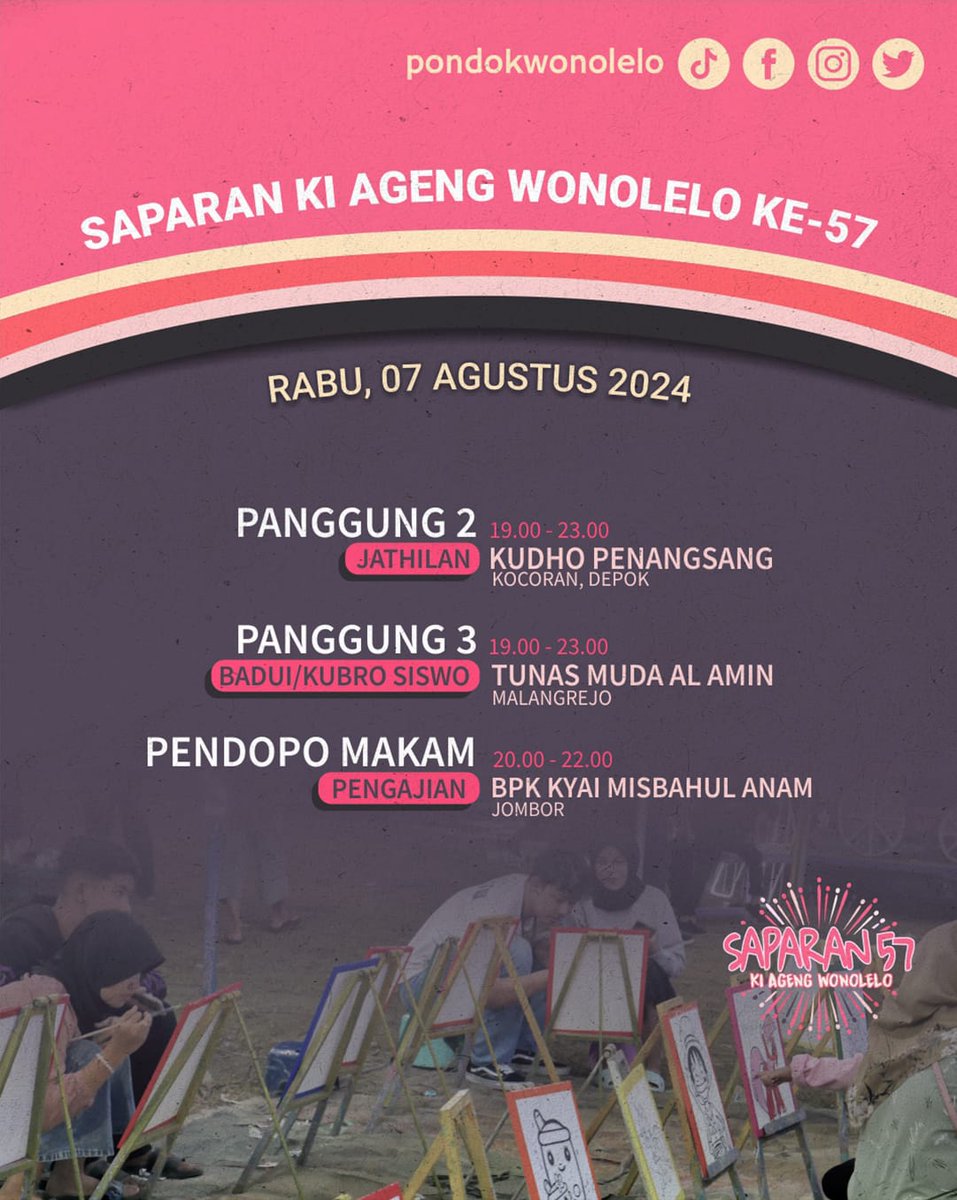 DAY 6‼️
Rabu, 7 Agustus 2024

Tuku Apem neng Saparan, aku iseh gelem lha kok ngejak bubaran

Ono sek kongono? Bubar rapopo, dolan ndene sopo reti diijoli sek luih josjis 😂

Monggo jadwale lur! Lesgoo! 🚎🚛🛵✈️🚁🛸

#Saparan57 #PondokWonolelo