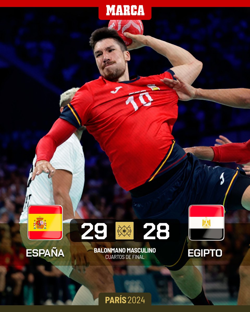 marca's tweet photo. 👏👏👏 Vamoooooooooooos!!!

🤾‍♂️ Los hispanos pelearán por las medallas 🥇🥈🥉

🇪🇸 El balonmano masculino español sufre de lo lindo ante Egipto, pero se impone en la prórroga y ya está en las semifinales de #Paris2024 https://t.co/HybI5JGjiV