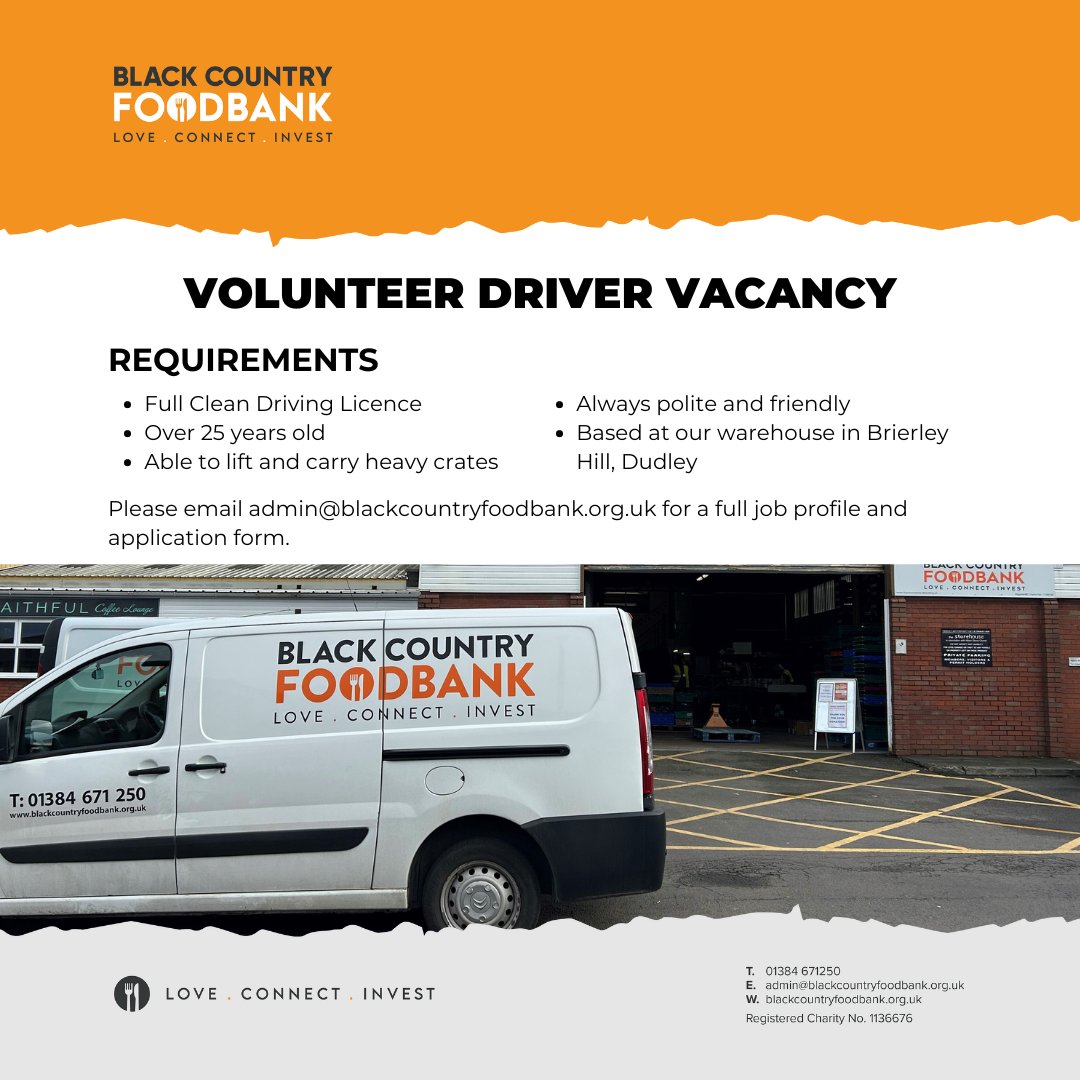 blackcountryfoodbank (@bcfoodbank) on Twitter photo Would you like to help your community but aren’t sure how?
We are looking for volunteer drivers to help us with our deliveries and collections.
Please email admin@blackcountryfoodbank.org.uk for a full job profile and application form. Would you like to help your community but aren’t sure how?
We are looking for volunteer drivers to help us with our deliveries and collections.
Please email admin@blackcountryfoodbank.org.uk for a full job profile and application form.