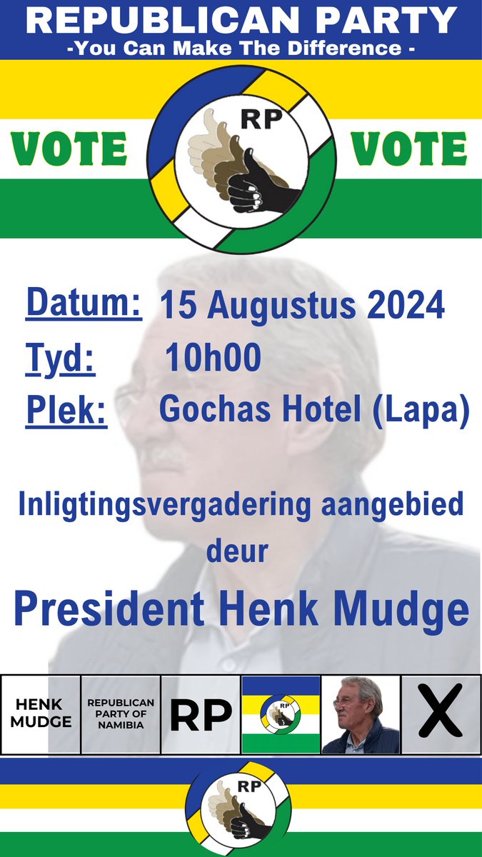 Attention fellow Namibians! Join us for an important information meeting with RP President Henk Mudge. This is a fantastic opportunity to hear directly from our leader and get answers to any questions you might have.
#RepublicanParty #SupportRP #Election2024 #GetInvolved #voterp