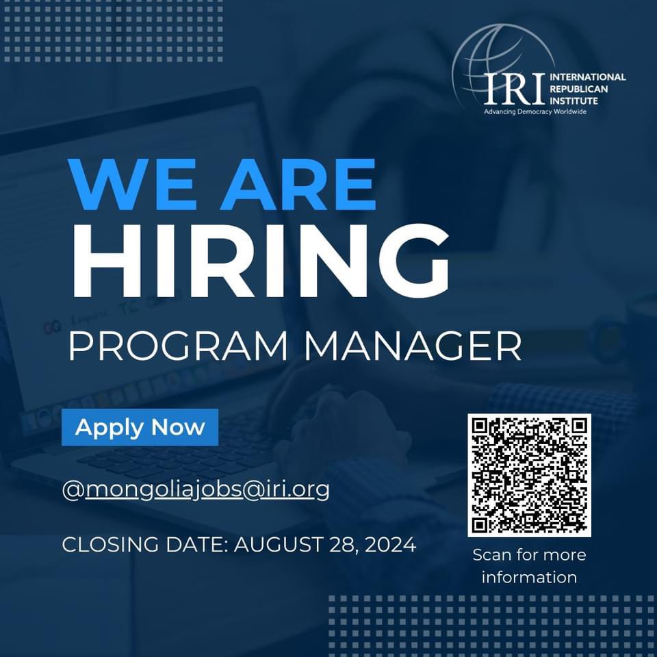 CraigCastagna's tweet photo. WE'RE ARE HIRING @IRIglobal is recruiting a Program Manager (PM) for its office in Ulaanbaatar, Mongolia.

⏰Deadline: August 28, 2024

Please find further details in the announcement below and help us spread the word about this opportunity. https://t.co/ivXmQqrjLm