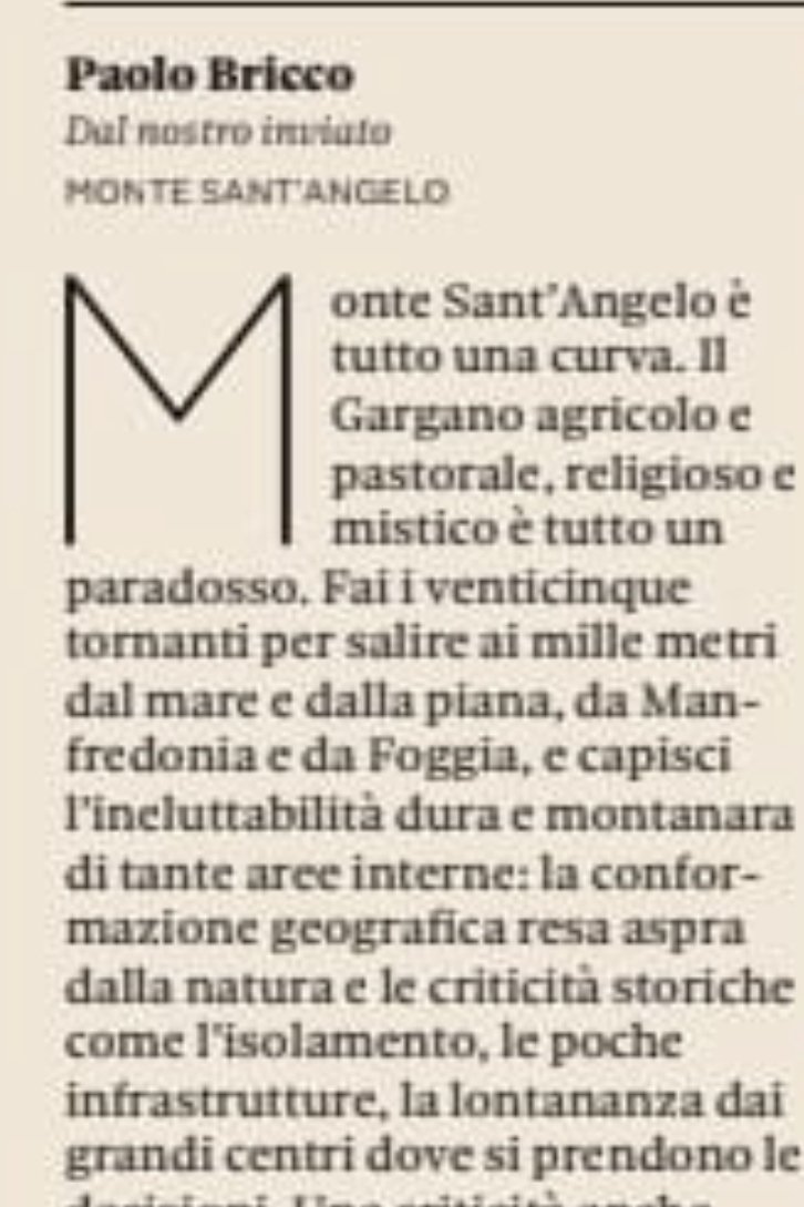 Paolo Bricco (@paolobricco) on Twitter photo Su <a href="/sole24ore/">IlSole24ORE</a> prosegue il viaggio nelle aree interne iniziato la scorsa settimana da Luca Benecchi in Sardegna a Ottana. Oggi il mio reportage da Monte Sant'Angelo, nel Gargano interno. Fra misticismo religioso, una grande risposta civile antimafia e una grave crisi demografica. Su <a href="/sole24ore/">IlSole24ORE</a> prosegue il viaggio nelle aree interne iniziato la scorsa settimana da Luca Benecchi in Sardegna a Ottana. Oggi il mio reportage da Monte Sant'Angelo, nel Gargano interno. Fra misticismo religioso, una grande risposta civile antimafia e una grave crisi demografica.