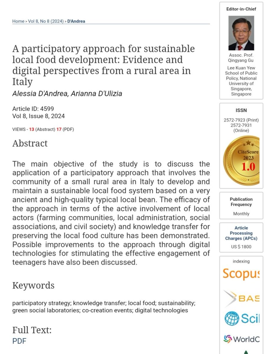 I am delighted to announce that our new scientific article titled

"A participatory approach for sustainable local food development: Evidence and digital perspectives from a rural area in Italy"

has just been published in JIPD journal!
 
Enjoy to read! systems.enpress-publisher.com/index.php/jipd…