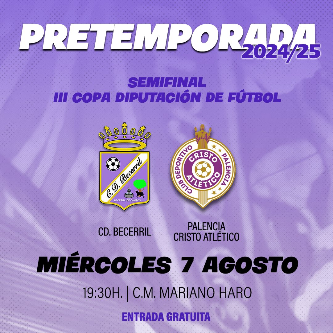 ⚽️ ¡HOY JUGAMOS! 

🏆 Semifinal Copa Diputación Fútbol

🕢 19:30h.
🏟️ Mariano Haro
🆚 <a href="/PalenciaCristo/">Palencia Cristo Atl.</a> 

🆓 Entrada gratuita 

#VamosBece #TodoAlMorado 💜