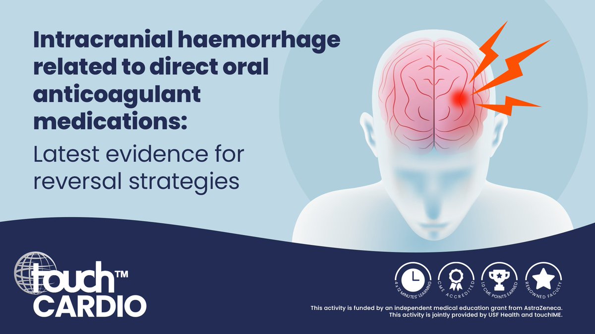 Discover expert insights on reversing direct oral anticoagulant-associated intracranial haemorrhage (DOAC-ICH) from a leading thrombosis and haemostasis specialist.

Watch now: touchcardioime.org/intracranial-h…

#MedEd
#Stroke
#Thrombosis
#AtrialFibrillation
#Neurosurgery
#haemostasis