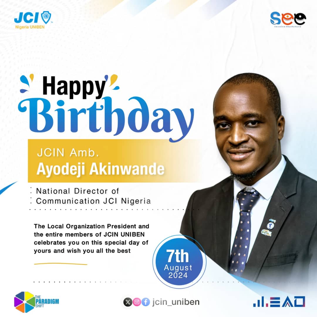 jci_uniben's tweet photo. Happy birthday to an amazing individual, JCIN Amb. Ayodeji Akinwande! ππ
Your positivity, guidance and joviality have impacted JCIN UNIBEN greatly.β¨
Wishing you a year filled with laughter, love & success.π₯π₯
#BirthdayFelicitation
#LEALEAD
#JCINUNIBEN
#JCINIGERIA https://t.co/WMklJZHEcv
