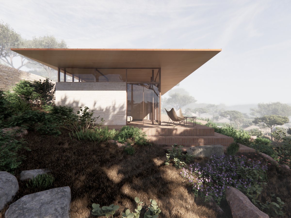 Alfeição New House

A new house in the hills above Loulé in the Algarve.

The house is designed to sit within a hollow in the landscape, bedding it down within its site. A large overhanging roof extends out beyond the house to provide shelter from the summer sun.

The house is