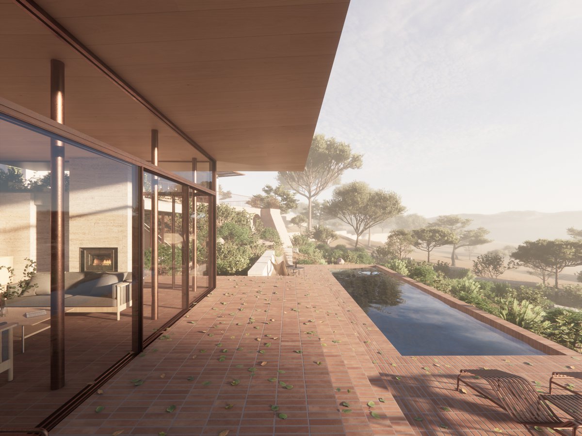 ossianarch's tweet photo. Alfeição New House

A new house in the hills above Loulé in the Algarve.

The house is designed to sit within a hollow in the landscape, bedding it down within its site. A large overhanging roof extends out beyond the house to provide shelter from the summer sun.

The house is built from local natural materials, including Portuguese limestone, clay tiles and clay plaster, with an overhanging soffit lined in oak. A copper roof shelters the house from intermittent rainfall.

Large metal framed windows capture views of the surrounding valleys and hills and out to the Atlantic Ocean.

A terrace of clay tiles steps down into the landscape, providing an easy flow from inside to outside. A swimming pool is formed on an additional terrace, stepping down the hillside.

New mechanical and electrical systems are proposed throughout, including a new ground source water supply, ground source cooling, photovoltaics and battery storage.

The project is part of a wider remodelling of an estate in Alfeição, including a number of houses and interconnecting outside spaces.

Looking forward to developing this project further and sharing more about it over the coming weeks.