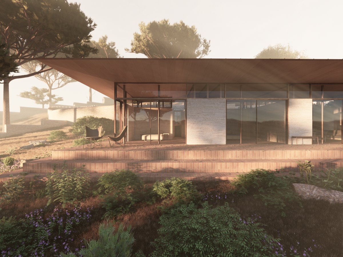 ossianarch's tweet photo. Alfeição New House

A new house in the hills above Loulé in the Algarve.

The house is designed to sit within a hollow in the landscape, bedding it down within its site. A large overhanging roof extends out beyond the house to provide shelter from the summer sun.

The house is built from local natural materials, including Portuguese limestone, clay tiles and clay plaster, with an overhanging soffit lined in oak. A copper roof shelters the house from intermittent rainfall.

Large metal framed windows capture views of the surrounding valleys and hills and out to the Atlantic Ocean.

A terrace of clay tiles steps down into the landscape, providing an easy flow from inside to outside. A swimming pool is formed on an additional terrace, stepping down the hillside.

New mechanical and electrical systems are proposed throughout, including a new ground source water supply, ground source cooling, photovoltaics and battery storage.

The project is part of a wider remodelling of an estate in Alfeição, including a number of houses and interconnecting outside spaces.

Looking forward to developing this project further and sharing more about it over the coming weeks.