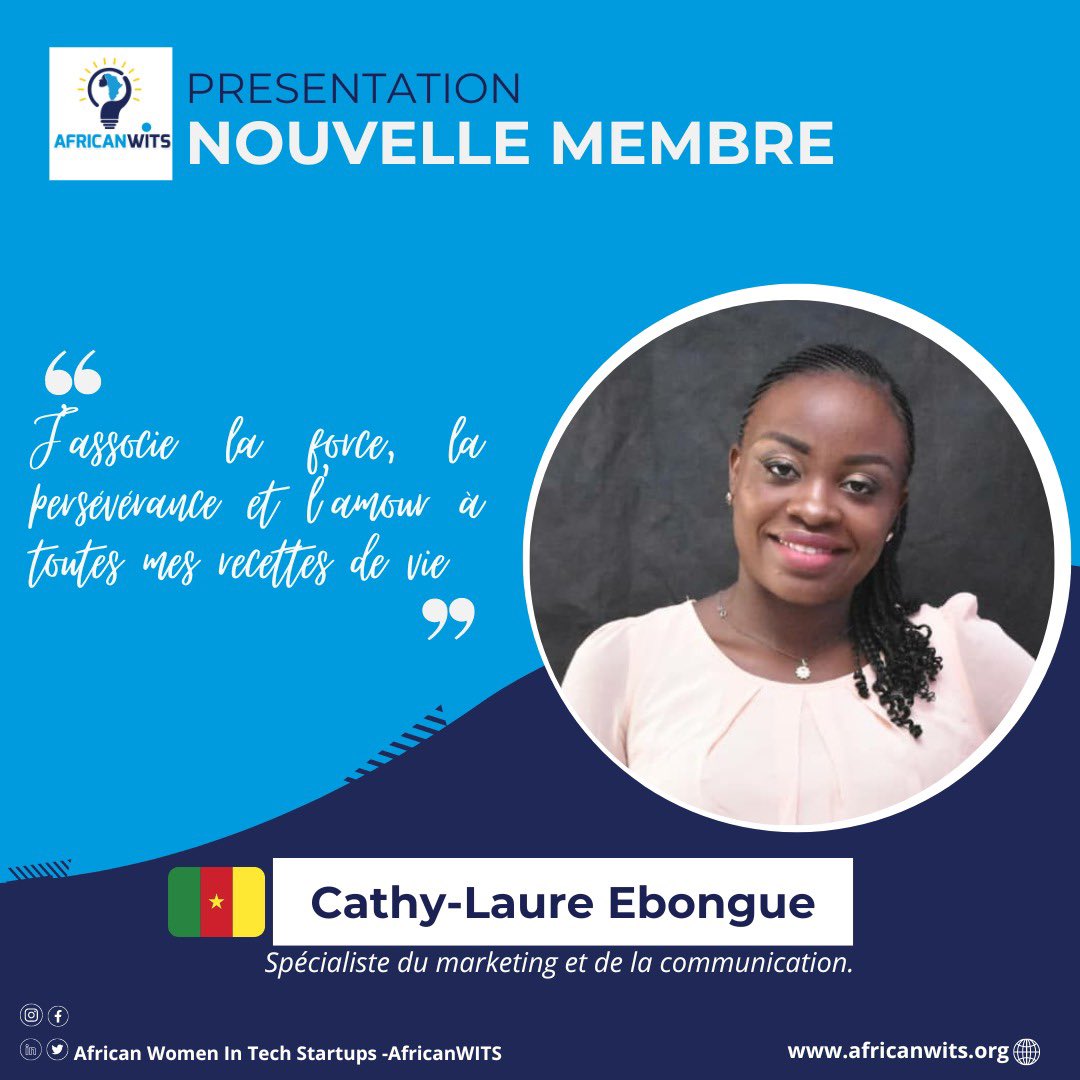 AfricanWITS's tweet photo. 𝐀 𝐥𝐚 𝐝𝐞́𝐜𝐨𝐮𝐯𝐞𝐫𝐭𝐞 𝐝𝐞 𝐧𝐨𝐬 𝐧𝐨𝐮𝐯𝐞𝐥𝐥𝐞𝐬 𝐦𝐞𝐦𝐛𝐫𝐞𝐬 ✨

CATHY-LAURE EBONGUE EPESSE 

Spécialiste du marketing et de la communication , Cathy est cette jeune femme très discrète, professionnelle , bilingue et engagée dans la gestion des projets digitaux ⤵️ https://t.co/cUxHWVGaKF