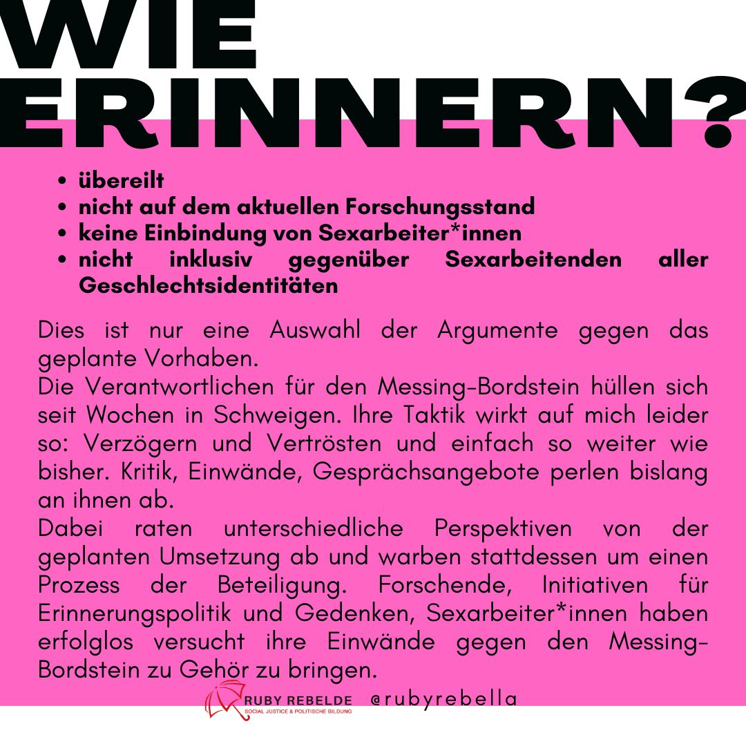 RubyRebeldeA's tweet image. Erinnerungspolitik: Ein "Messing-Bordstein" vor der Herbertstraße in Hamburg?

Long story short:
Das Vorhaben an sich ist eine gute Sache: Dem Gedenken an als „asozial“ stigmatisierte und verfolgte Sexarbeiter*innen im Nationalsozialismus soll endlich Raum gegeben werden. 
1/x