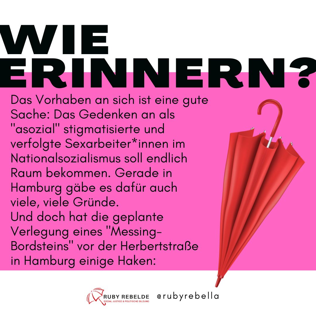 RubyRebeldeA's tweet image. Erinnerungspolitik: Ein "Messing-Bordstein" vor der Herbertstraße in Hamburg?

Long story short:
Das Vorhaben an sich ist eine gute Sache: Dem Gedenken an als „asozial“ stigmatisierte und verfolgte Sexarbeiter*innen im Nationalsozialismus soll endlich Raum gegeben werden. 
1/x