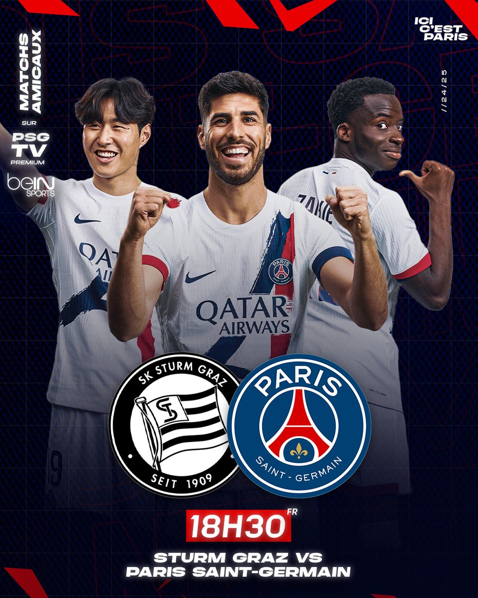 PSG_inside's tweet photo. ⚽️ 𝐉𝐎𝐔𝐑 𝐃𝐄 𝐌𝐀𝐓𝐂𝐇 ⚽️

🆚 SK Sturm Graz
🏟️ Wörthersee Stadion
⌚️18h30
📲#STUPSG

📺 À suivre sur https://t.co/0FtOavcyj9 Premium et @beinsports_FR*
➡️ https://t.co/BGybWdNAgk

*𝘌𝘯 𝘥𝘪𝘳𝘦𝘤𝘵 𝘦𝘵 𝘦𝘯 𝘪𝘯𝘵𝘦́𝘨𝘳𝘢𝘭𝘪𝘵𝘦́ 𝘥𝘢𝘯𝘴 𝘤𝘦𝘳𝘵𝘢𝘪𝘯𝘴 𝘵𝘦𝘳𝘳𝘪𝘵𝘰𝘪𝘳𝘦𝘴 : 𝘍𝘳𝘢𝘯𝘤𝘦, 𝘔𝘌𝘕𝘈, 𝘌́𝘵𝘢𝘵𝘴-𝘜𝘯𝘪𝘴, 𝘊𝘰𝘳𝘦́𝘦 𝘥𝘶 𝘚𝘶𝘥 𝘦𝘵 𝘊𝘩𝘪𝘯𝘦.