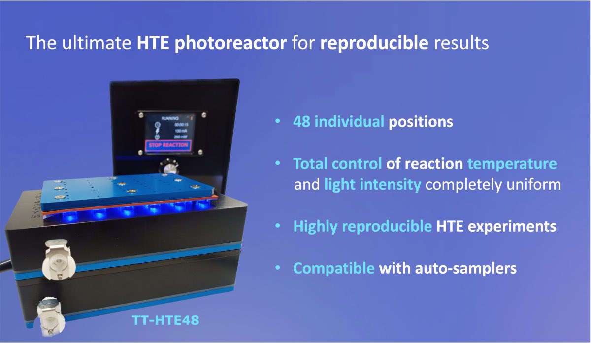 TreellumTech's tweet image. Are you looking for reliable and reproducible photochemical HTE results? We have the perfect choice photoreactor: our TT-HTE48 
📧Contact us for more information - info@treellumtechnologies.com 
#HTE #photochemistry #totalcontrolofreaction #reliableresults #reproducibleresults