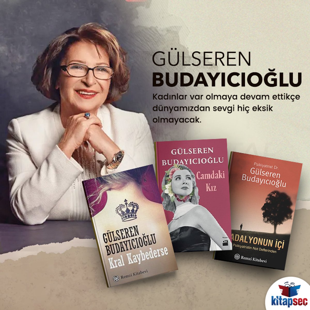 ✍️Dr. Gülseren Budayıcıoğlu, Türkiye’nin ilk psikiyatri merkezi olan ve halen Ankara ile İstanbul’un çeşitli bölgelerinde şubeleri bulunan Madalyon Psikiyatri Merkezi’ni kurdu. 

#GülserenBudayıcıoğlu #YAZAR #CamdakiKız #KralKaybederse #kitapseç #kitapseccom