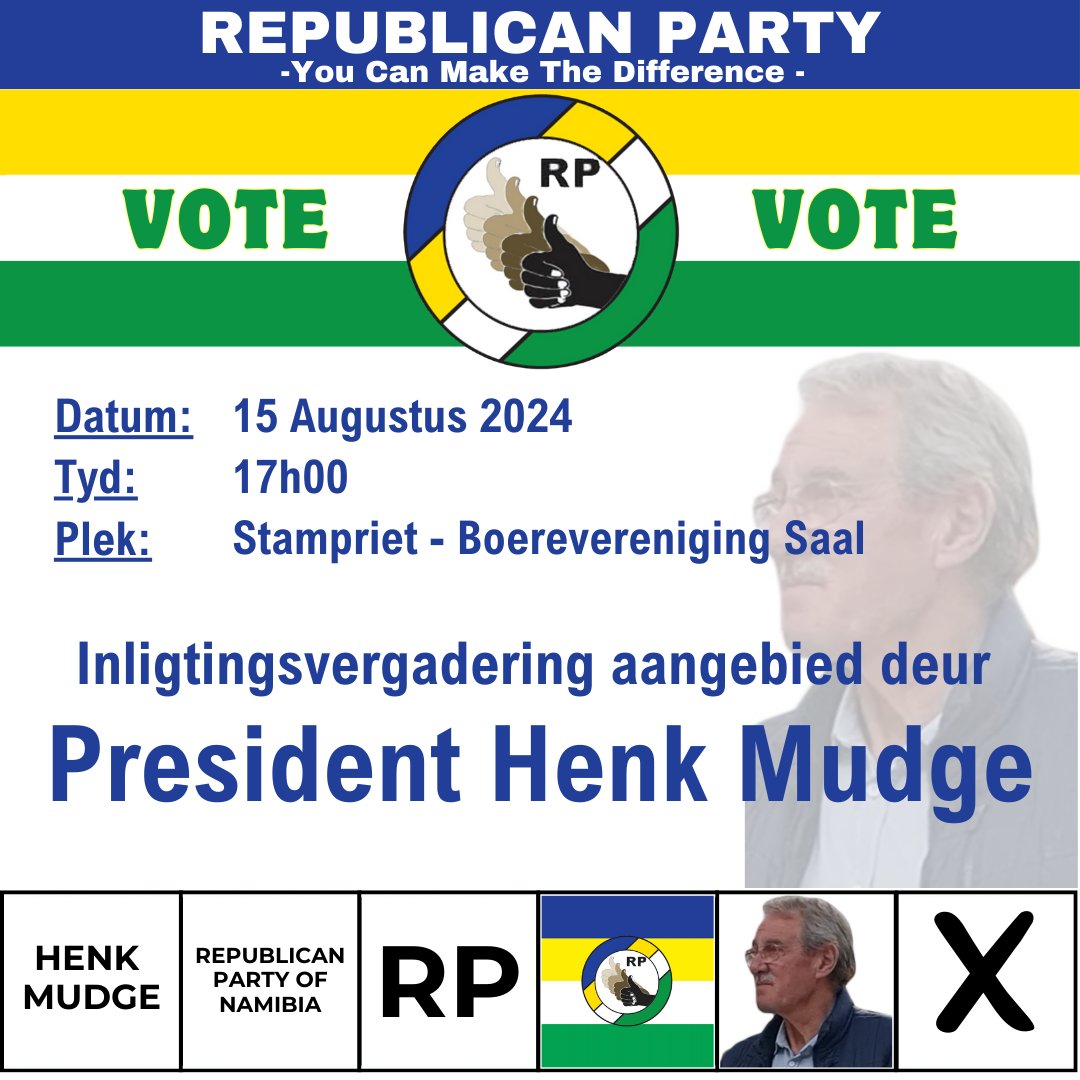 Attention fellow Namibians! Join us for an important information meeting with RP President Henk Mudge. This is a fantastic opportunity to hear directly from our leader and get answers to any questions you might have. #RepublicanParty #SupportRP #Election2024 #GetInvolved #voterp