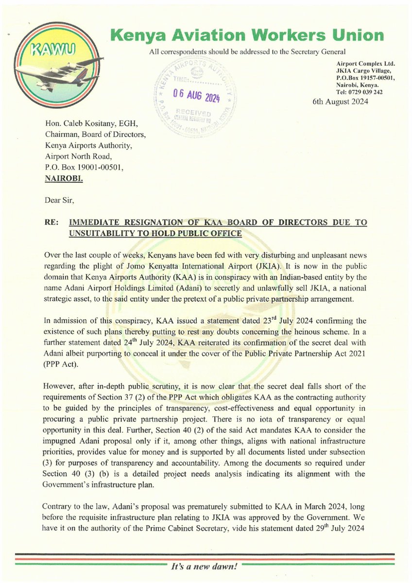 The Kenya Aviation Workers Union demands for the immediate resignation of KAA manager and the dissolution of the board.

Failure to which they will call for a strike, civil disobedience, and legal action.

The national airport should not be leased to global crooks.

#NaneNane