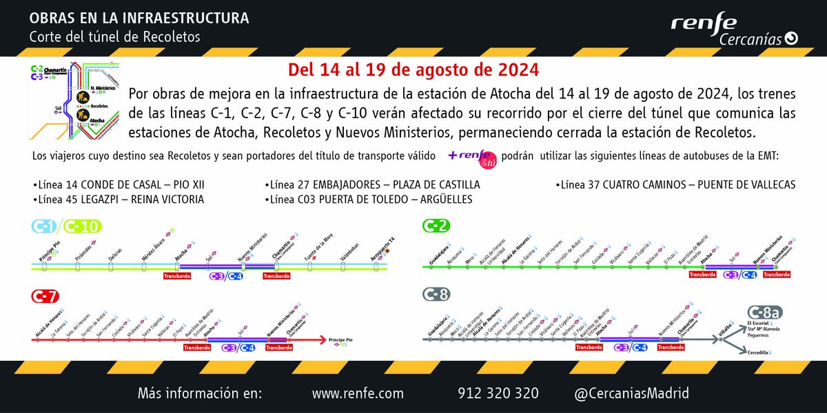 CercaniasMadrid's tweet photo. Cercanías Renfe Informa: por obras de mejora en la estación de Atocha del 14 al 19 de agosto, se realizarán transbordos a líneas C-3 y C-4 en Atocha y Nuevos Ministerios desde líneas C-1, C-2, C-7, C-8 y C-10. 
Más información consulte con nuestro personal, en https://t.co/ojrg5bv8DR o en @CercaniasMadrid. Disculpen las molestias.