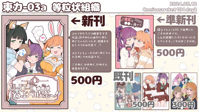 【#C104 2日目 東カ-03a 等粒状組織】
夏コミのお品書きです!
新刊サンプル&委託情報は引用元を参照ください! 