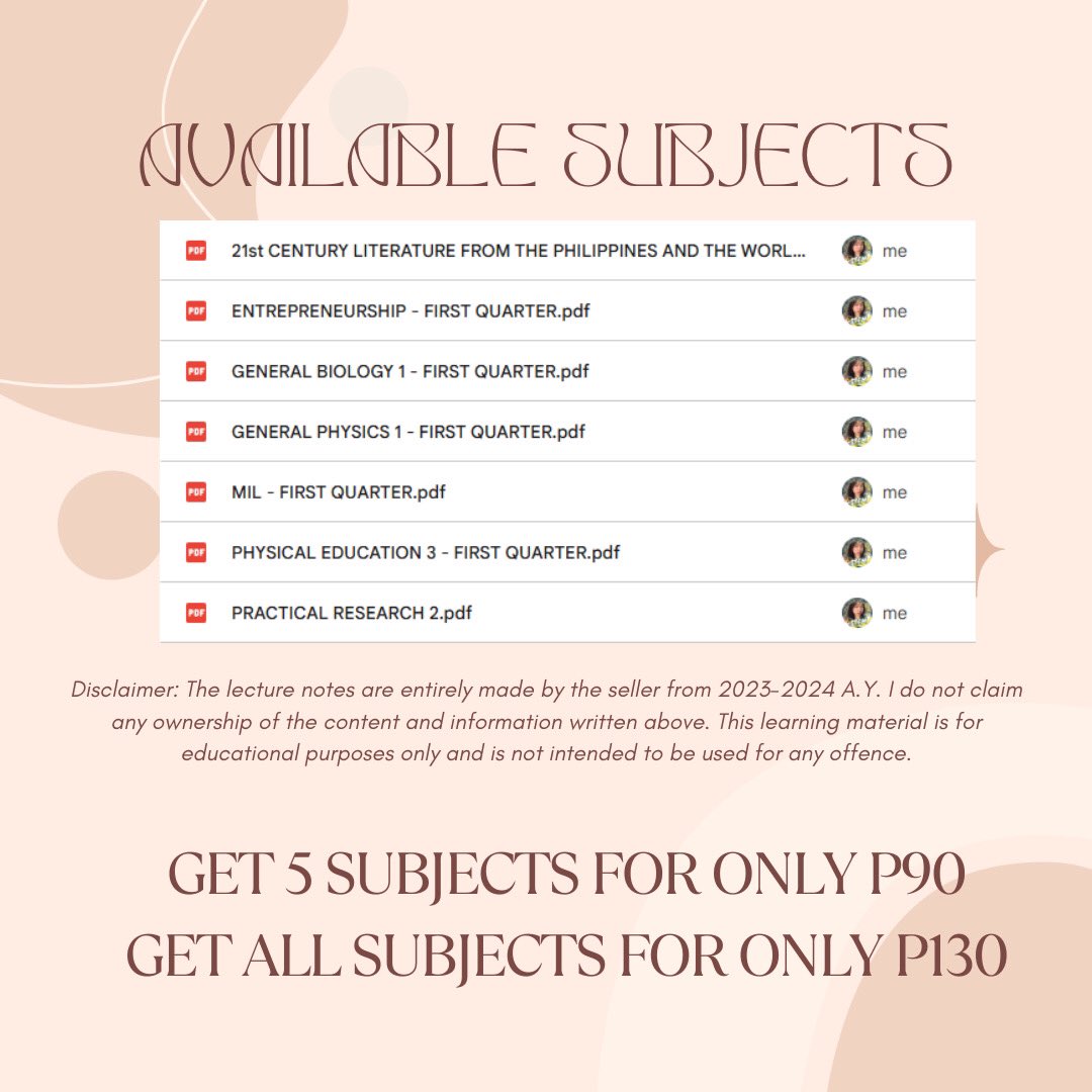 Hi! I’m selling some of my gr 12 notes &amp; reviewers that helped me achieved highest honors last school year :)) 

𓏔 Complete &amp; Lifetime Access
𓏔 Downloadable &amp; Printable
𓏔 1st QTR lessons (some are good for 2nd QTR’s) 
𓏔 Free canva class schedule template 

DM me to avail! 🌈