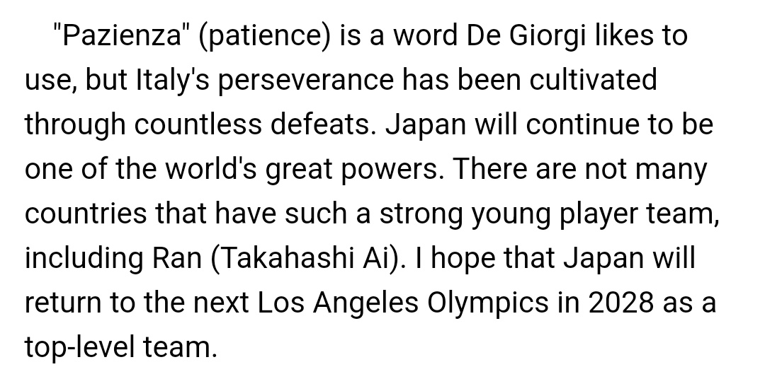 ohran21's tweet photo. "Japan will continue to be one of the world's great powers. There are not many countries that have such a strong young player team, including Ran (Takahashi Ran). I hope that Japan will return to the next Los Angeles Olympics in 2028 as a top-level team." - Gianluca Pasini https://t.co/64bN29bm7Y
