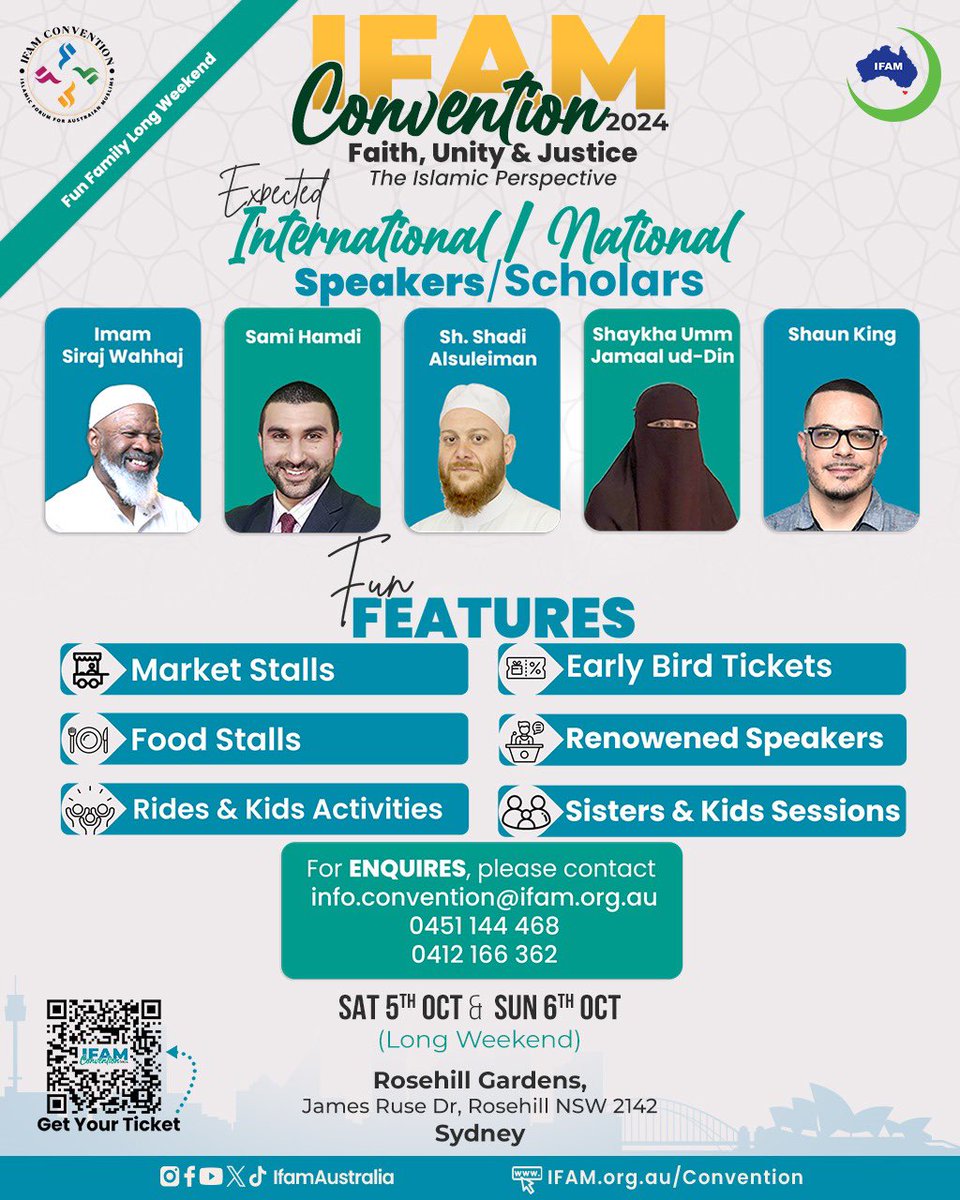 IfamAustralia's tweet photo. Join us for an unforgettable weekend at IFAM Convention 2024!

📅 October 5th-6th | Rosehill Gardens, Sydney

Dive deep into Faith, Unity &amp; Justice - The Islamic Perspective

Get your tickets now at https://t.co/Th5XYEM2k0 

#ifamaustralia #ifamconvention https://t.co/OAr158bARW