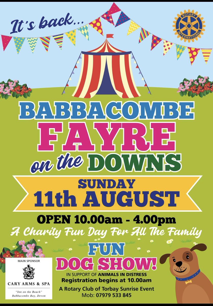 Cary Arms & Spa (@caryarms) on Twitter photo Only few days until the Babbacombe Fayre…we’re delighted to be the main sponsor and supporting the wonderful work of #rotarycluboftorbay
Our stand is number 40 zone C1, we look forward to seeing you all for a fun family day out #babbacombefayre #englishriviera #fun #family Only few days until the Babbacombe Fayre…we’re delighted to be the main sponsor and supporting the wonderful work of #rotarycluboftorbay
Our stand is number 40 zone C1, we look forward to seeing you all for a fun family day out #babbacombefayre #englishriviera #fun #family