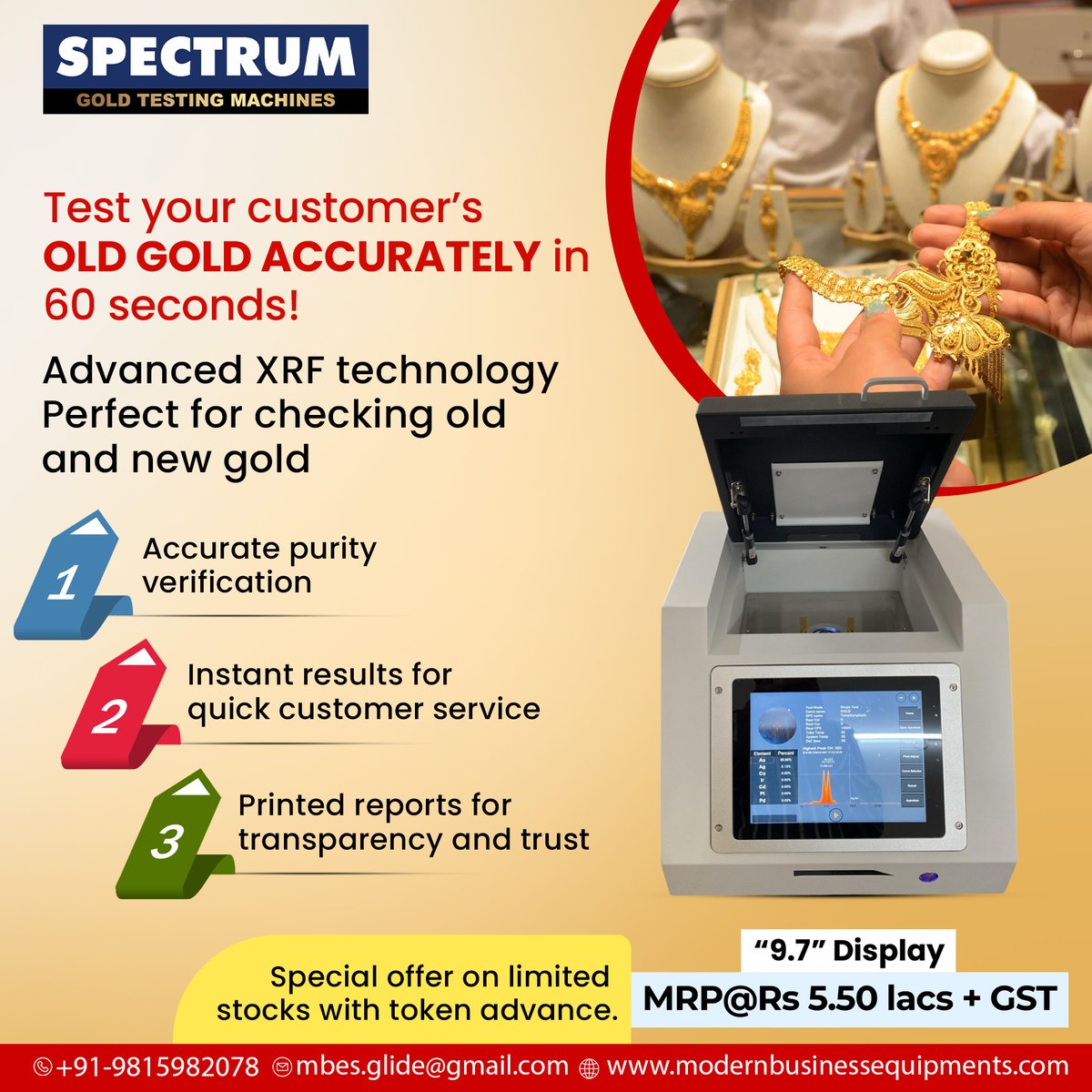SpectrumXrf's tweet image. Advanced XRF Technology: Fast &amp;amp; Precise Gold Purity Testing in 60 Seconds! Ensure Accuracy for Old and New Gold, Instant Results for Happy Customers. Trust and Transparency with Printed Reports! 🌟✨

contact us on :
🌐modernbusinessequipments.com

#Modernbusiness #XRFTechnology