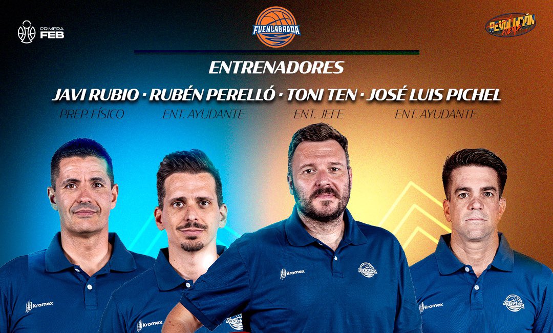 💪🏼 Equipazo de entrenadores del Baloncesto Fuenlabrada en #PrimeraFEB

✅ Toni Ten. Entrenador jefe

✅ Rubén Perelló. Entrenador ayudante

✅ José Luis Pichel. Entrenador ayudante 

✅ Javi Rubio. Preparador físico

📝 shorturl.at/8WYDf

#FuenlADN #RevoluciónFuenla