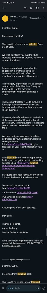 TechForMeYT's tweet photo. @MyIndusIndBank No. The complaint has not been resolved. The resolution is simple. Credit 2635 avios. Look at the rubbish email you guys sent. https://t.co/vr0wY24v7d