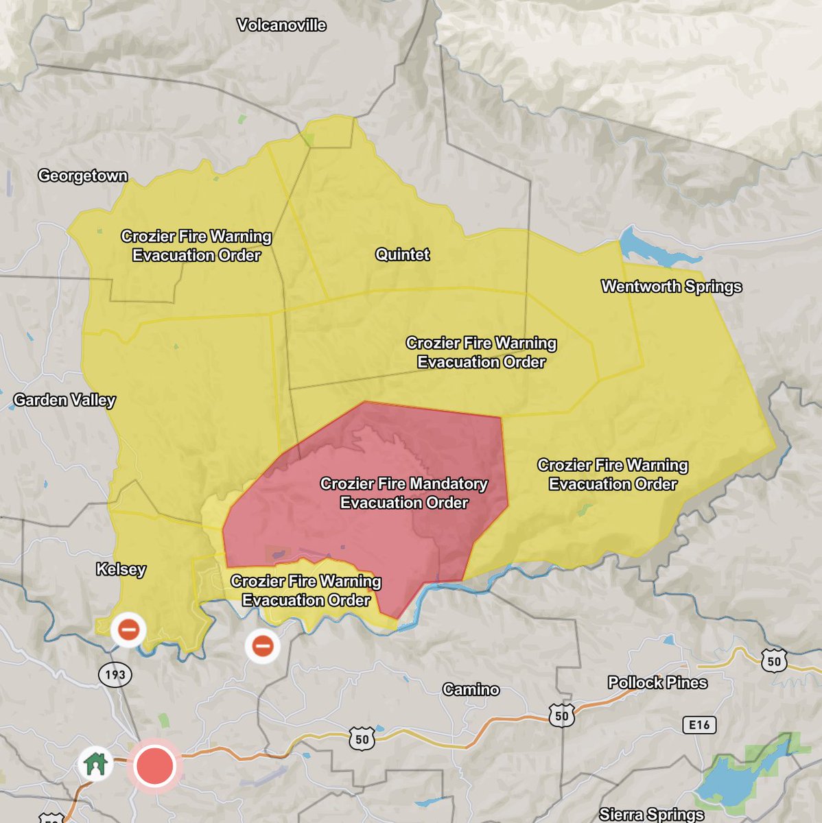 #Crozierfire Update
The Evacuation Warning zones have been extended to the east along CA Hwy 193 and to the north along Wentworth Springs Rd. Please see Perimetermap.com for additional information. All information will be updated as it becomes available.