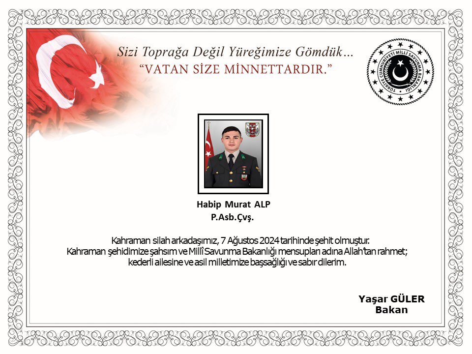 SehitlerimGazim's tweet photo. VATAN SİZE MİNNETTARDIR

Pençe-Kilit bölgesinde açılan taciz ateşi sonucunda Piyade Astsubay Çavuş Habip Murat Alp Şehit oldu.

Ruhun şad olsun Yiğidim! https://t.co/oH1vMjFMhq