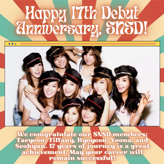 Congratulations on your 17th debut anniversary, <a href="/kiymtaeyeon/">ktaey ᝰ Panorama 🦋</a>, @hyoyceonxx, @tiffyxyoung, @yoonalimu, <a href="/Seohyvnz/">Seohyun ✿⁠ #SoSweet18</a>! Your journey has been a tapestry of passion and brilliance. May your path ahead be paved with even more triumphs and melodies that touch the soul. Keep shining, SNSD!✨