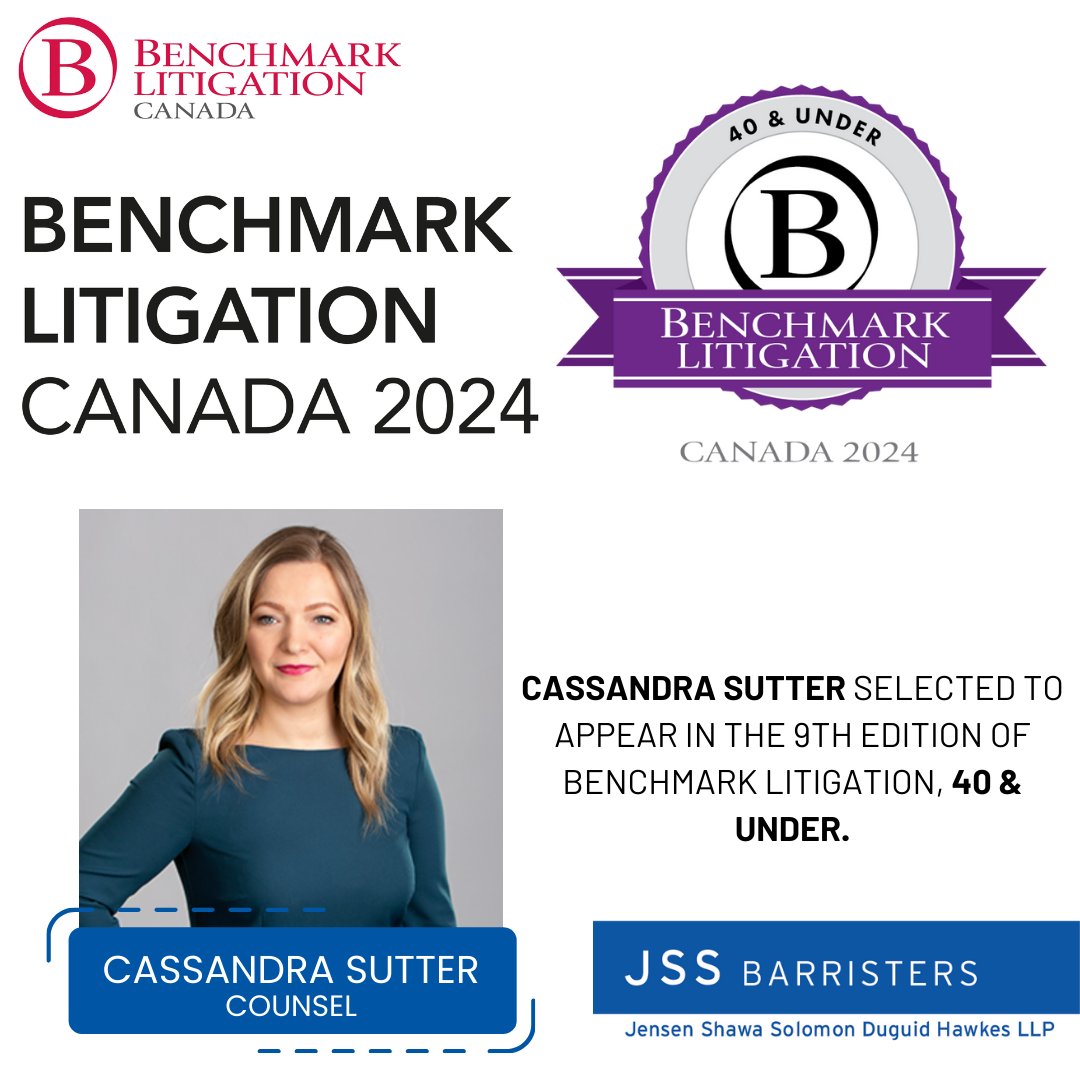 JSSBarristers's tweet image. We are proud to share that JSS Barristers Counsel, Cassandra Sutter, has been selected to appear in the 9th edition of Benchmark Litigation, 40 &amp;amp; Under.

Congratulations, Cassandra!

#BenchmarkLitigationCanada #JSSBarristers #Counsel